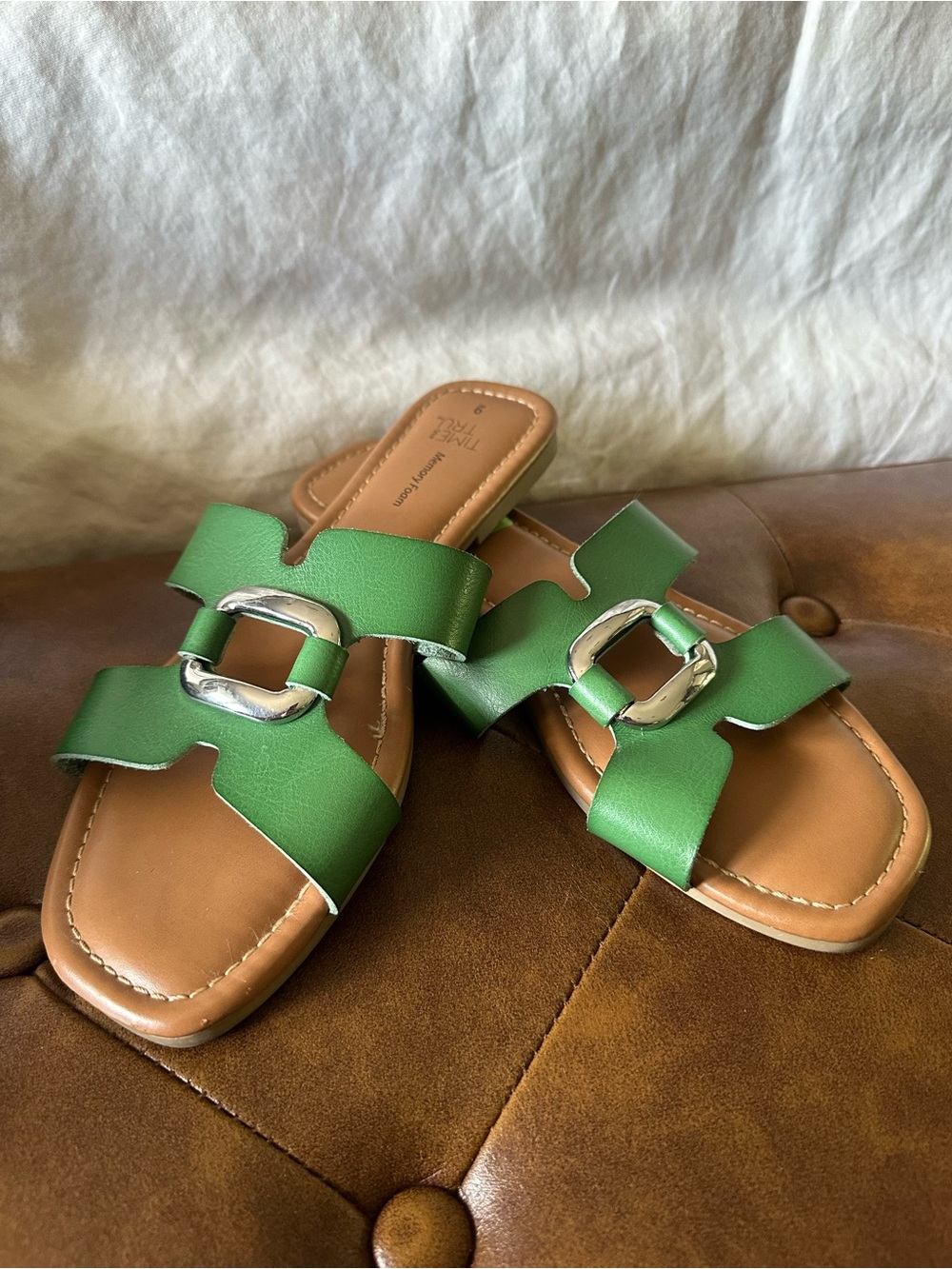 Time and Tru Green Slide Sandals with Silver Buckle